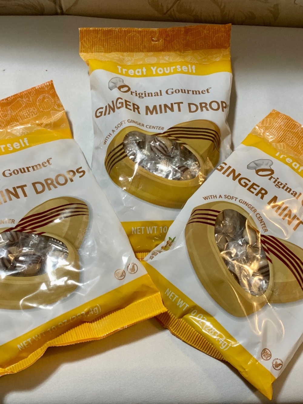 Three 10oz Bags Original Gourmet Ginger Mint Drops Soft Ginger Center Exp 2-2027
